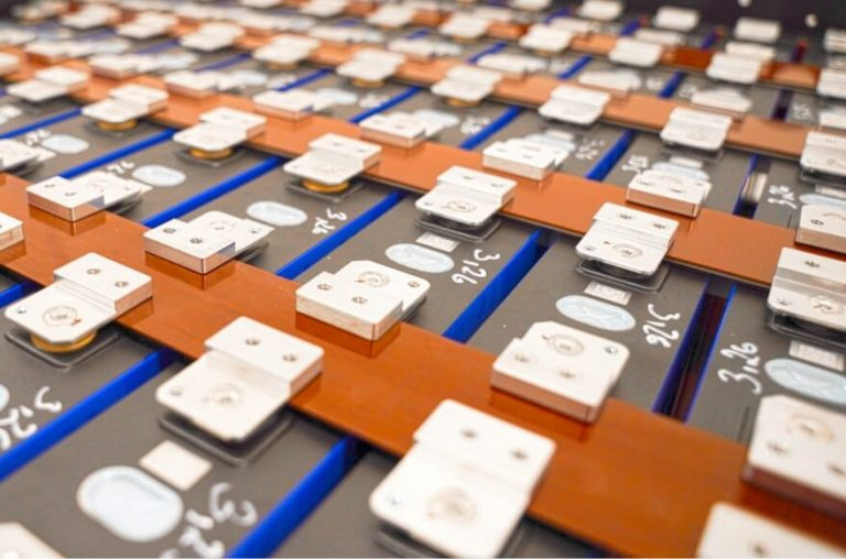 Lithium ferro-phosphate battery cells connected with bus bars